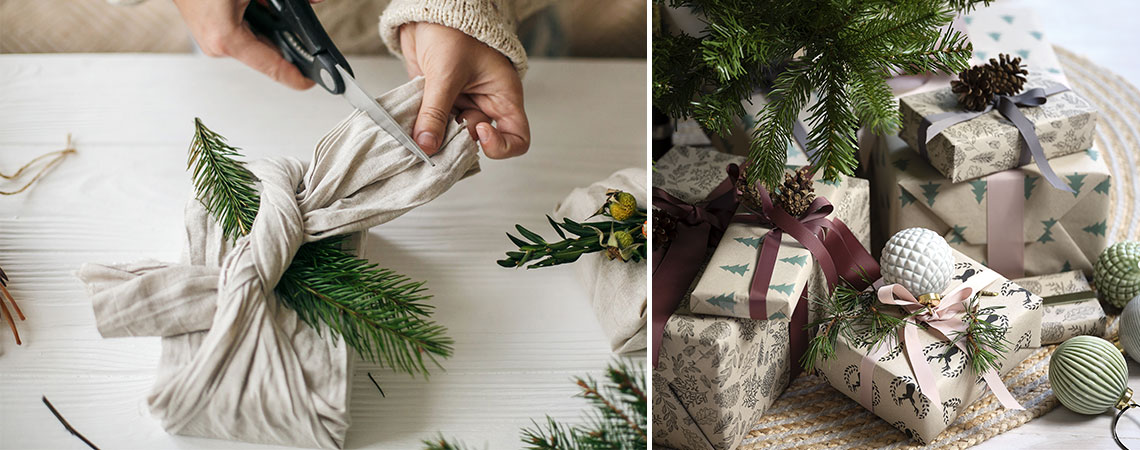Cadouri de Crăciun împachetate în material textil și hârtie de împachetat reciclată