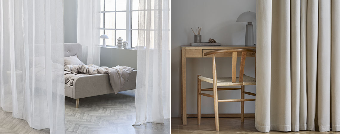 Două exemple despre cum poți folosi perdele despărțitoare de cameră: pentru un dormitor și pentru un birou de acasă