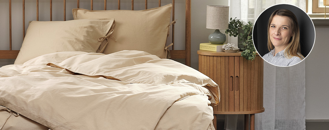 Lenjerie de pat din bumbac prespălat, bej, cu imaginea buyerului nostru Kathrine