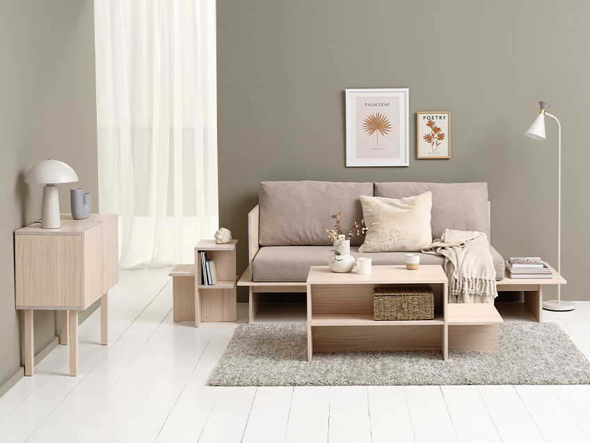 Solid pine Japandi furniture collection in neutral colours 