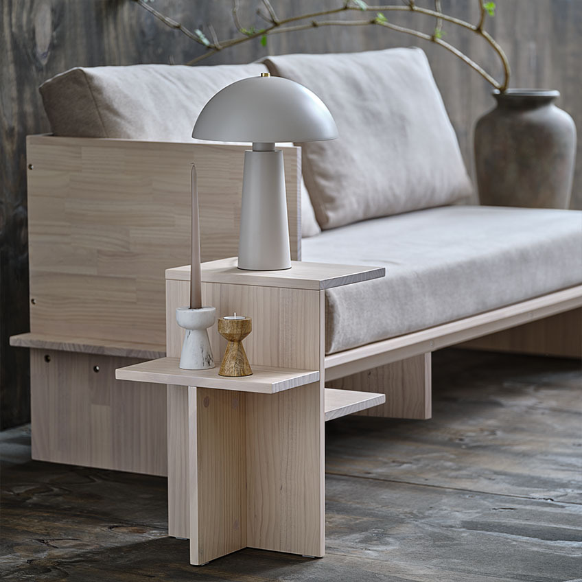 Japandi style solid pine day bed and pedestal in neutral colours 