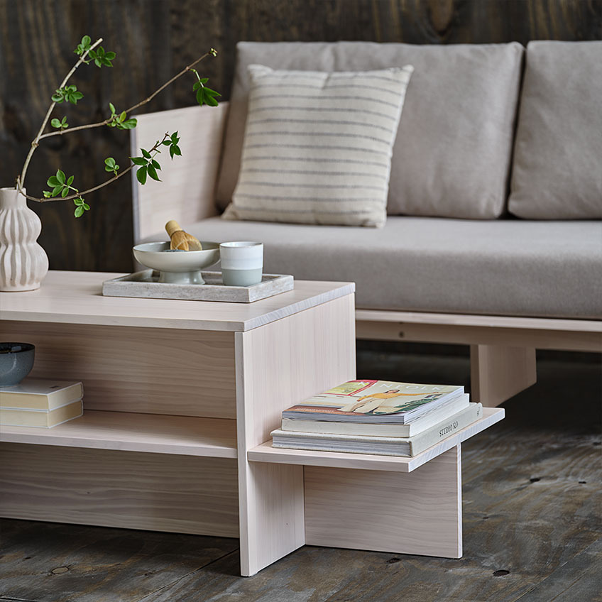 Japandi day bed and coffee table in solid pine in neutral colours 