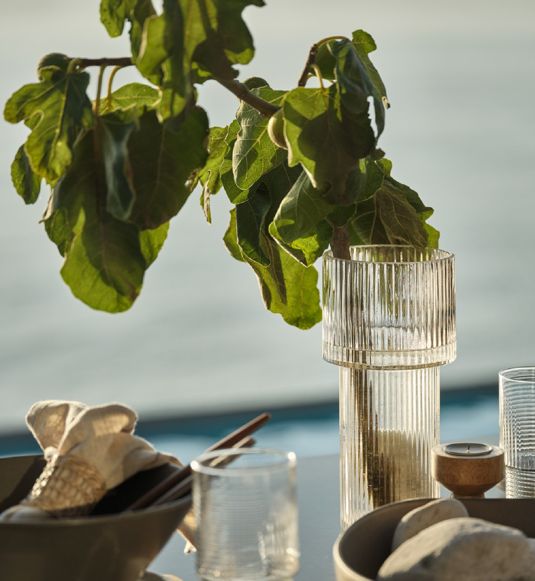 Vază transparentă și pahare pe masă de grădină