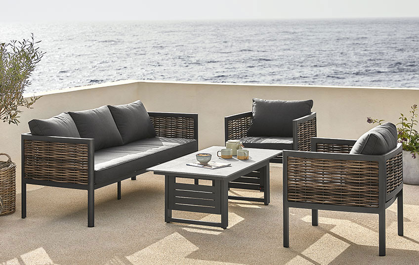 Set de terasă cu uscare rapidă, negru, cu canapea, 2 scaune și masă cu înălțime reglabilă