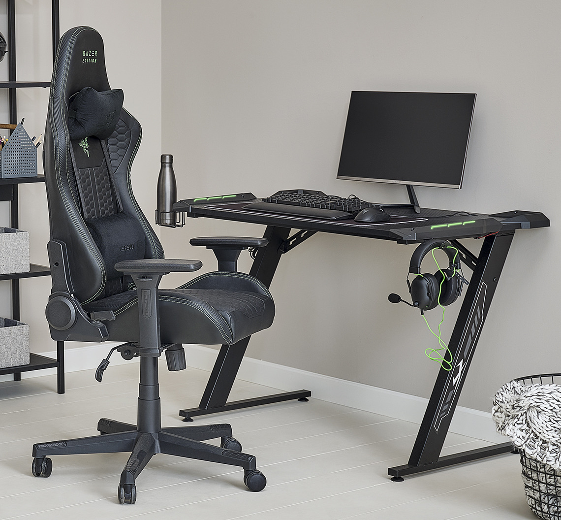 Birou de calculator LINDHOLM și scaun de gaming RAZER TYPE Z Birou de gaming cu lumini LED și suport pentru pahar