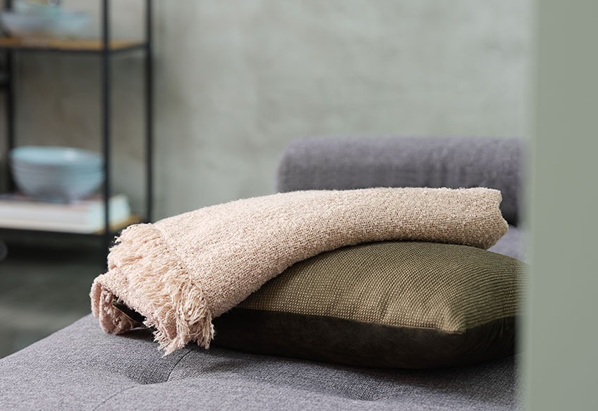 A throw and a cushion on a sofa