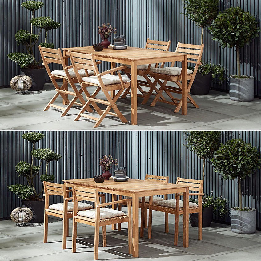 Două decoruri diferite cu mobilier de grădină din tec, una cu scaune pliante și cealaltă cu scaune stivuibile