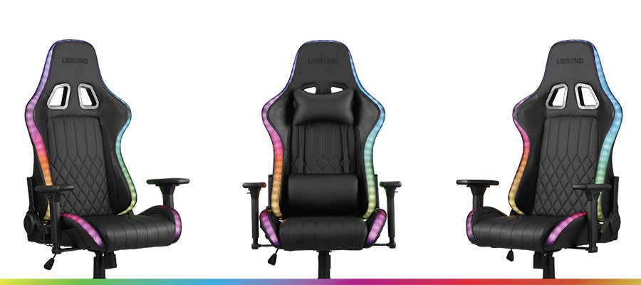 Black gaming chair with LED light from three angles