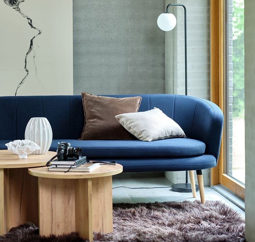 Blue sofa, round coffee tables, brown rug and floor lamp 