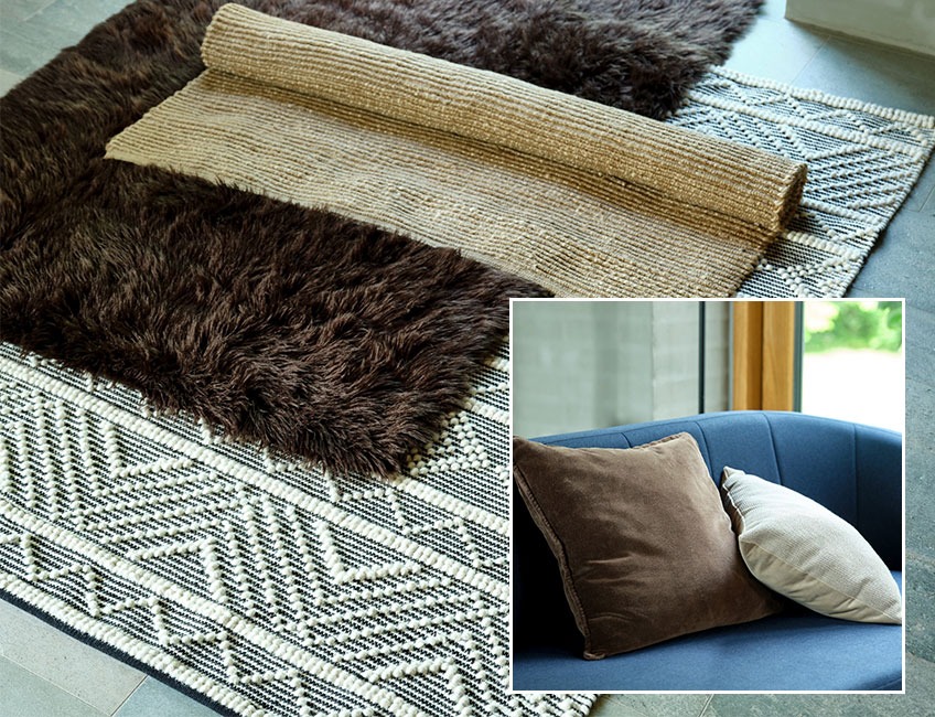 STORMHATT, VANDMYNTE and GLORIOSA rugs and BERBERIS decorative cushion Brown and beige rugs and decorative cushions in brown and beige