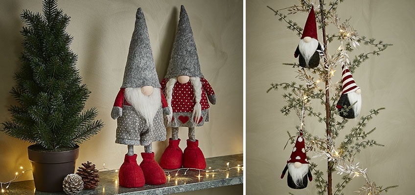 Elves in red and grey. An elf couple on shelf and three small elves on tree