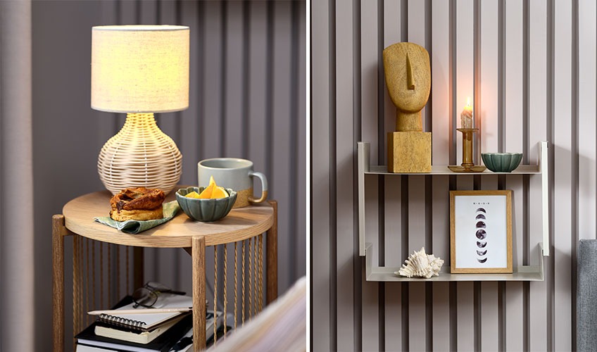 ASSENS wall shelf, SIMON green bowl, TORD frame, EGELEV bedside table and ESKE sculpture Bedside table, table lamp and shelf with sculpture and other decorative items
