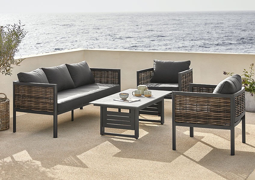 SALTEN lounge set with height-adjustable table Black quick-dry lounge set with one sofa, 2 chairs, and height-adjustable table