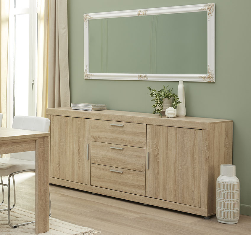 Dining room with a rectangular mirror above a sideboard