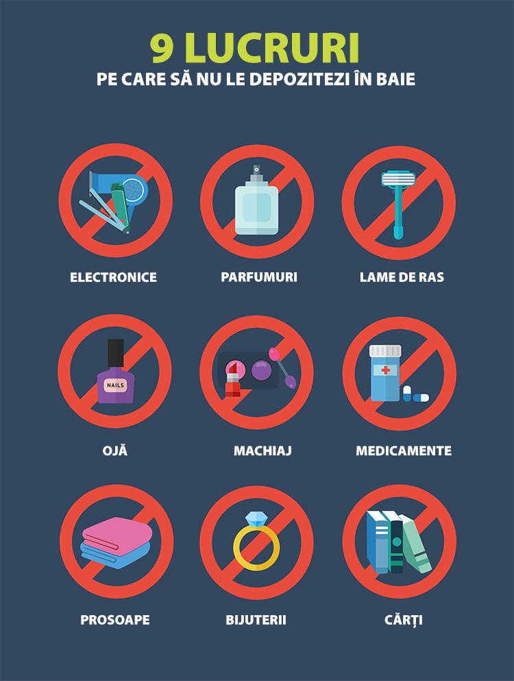 9 lucruri pe care sa nu le depozitezi in baie infografic